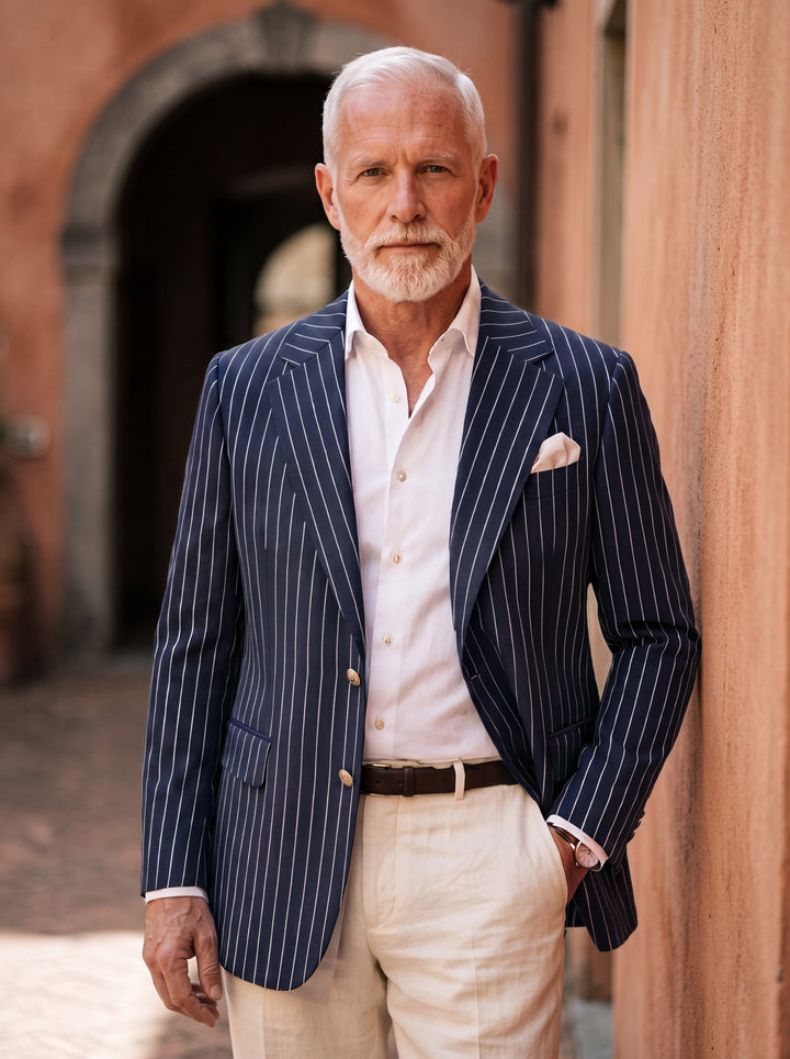 Maurice pinstripe blazer in Navy, worn open by a model in a Mediterranean alley, Gentlemens Manor lifestyle