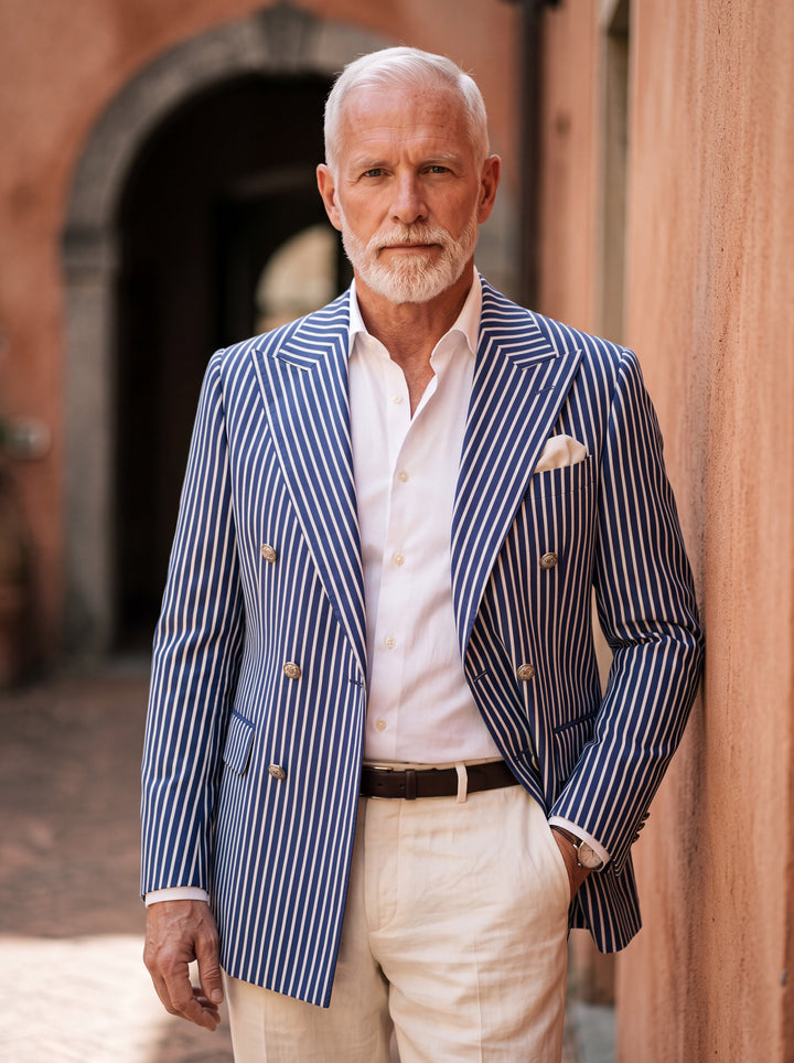 Maurice blazer in Blue, worn by a model in a Mediterranean setting - Gentlemens Manor lifestyle