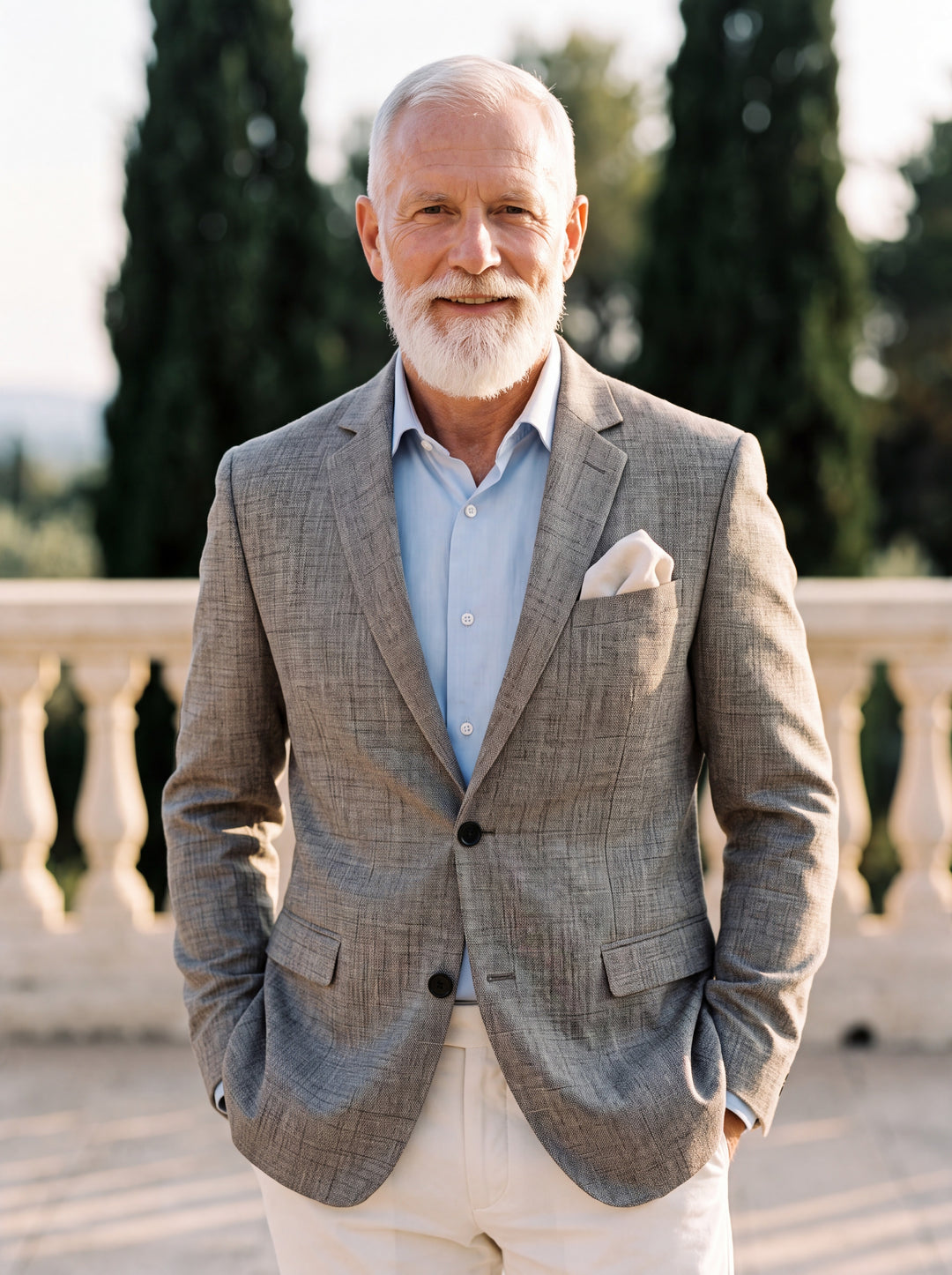 Maxwell blazer in Grey, worn by a model in a Mediterranean setting - Gentlemens Manor lifestyle
