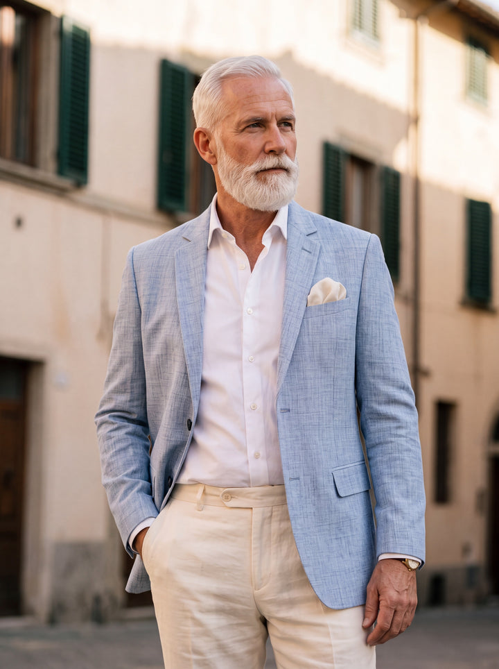 Maxwell blazer in Light Blue, worn by a model in a Mediterranean setting - Gentlemens Manor lifestyle