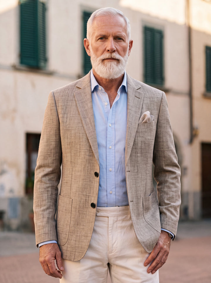 Maxwell blazer in Camel, worn by a model in a Mediterranean setting - Gentlemens Manor lifestyle