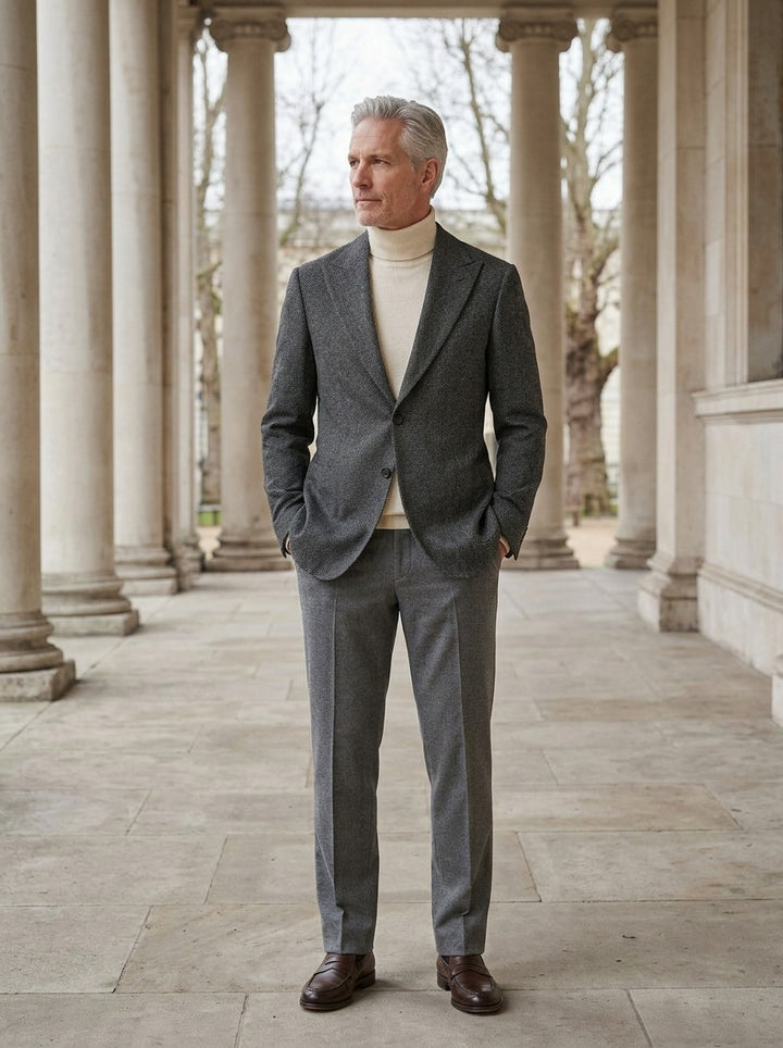 Mayhew blazer in Charcoal, lifestyle in a stone colonnade, Gentlemens Manor