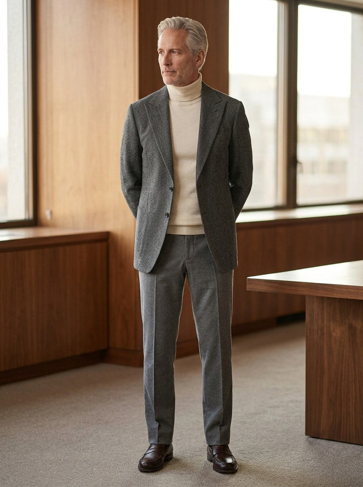 Mayhew blazer in Charcoal, lifestyle in a timber paneled office, Gentlemens Manor