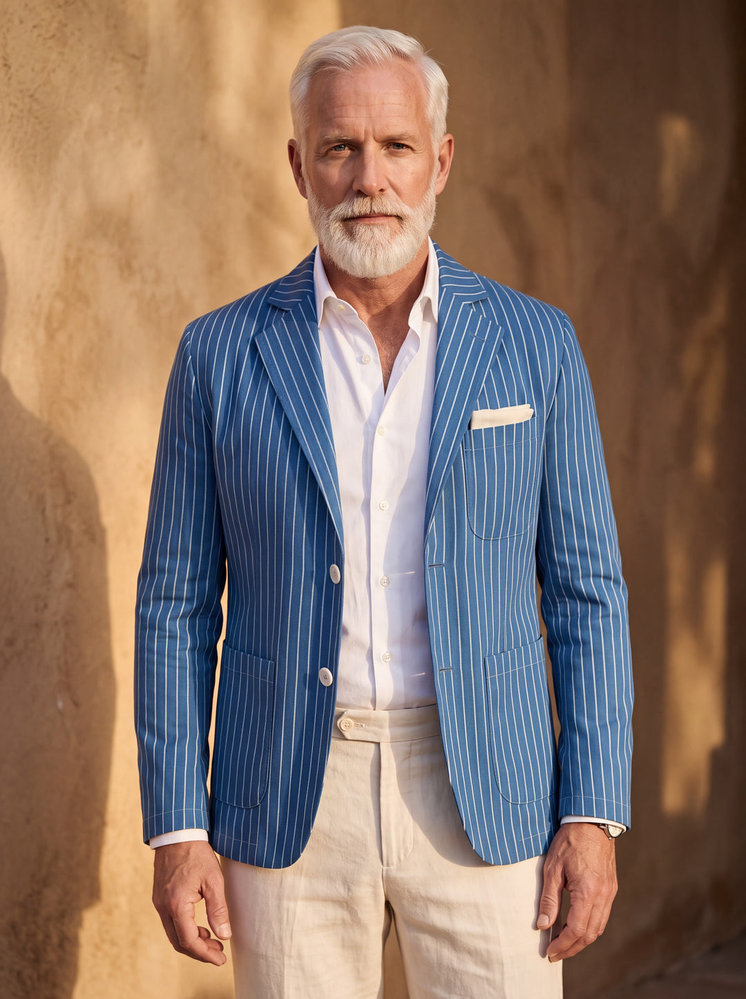 Maynard blazer in Blue, worn by a model in a Mediterranean setting - Gentlemens Manor lifestyle