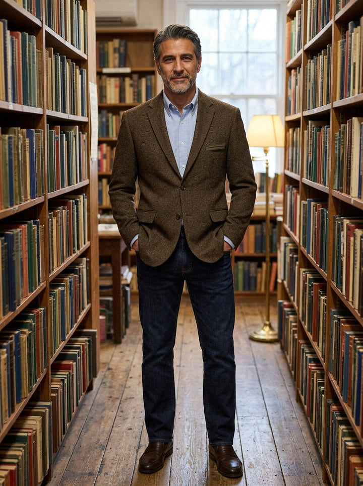 Medford blazer in Brown, lifestyle in a secondhand bookshop, Gentlemens Manor
