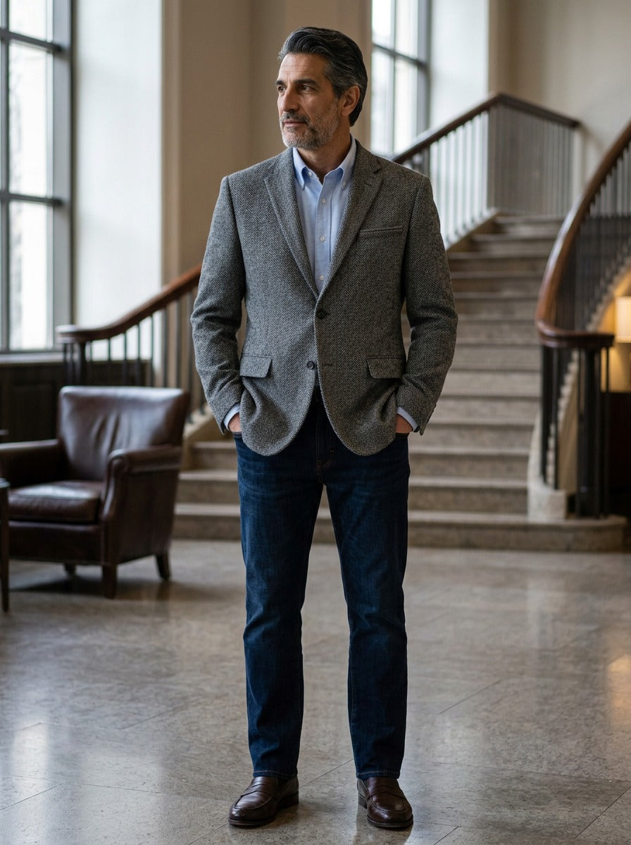 Medford blazer in Grey, lifestyle in a hotel lobby, Gentlemens Manor