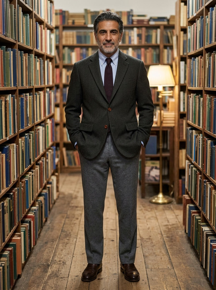 Melbury herringbone tweed blazer in Black, lifestyle in a secondhand bookshop, Gentlemens Manor