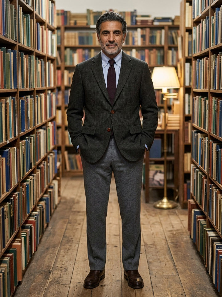 Melbury herringbone tweed blazer in Black, lifestyle in a secondhand bookshop, Gentlemens Manor