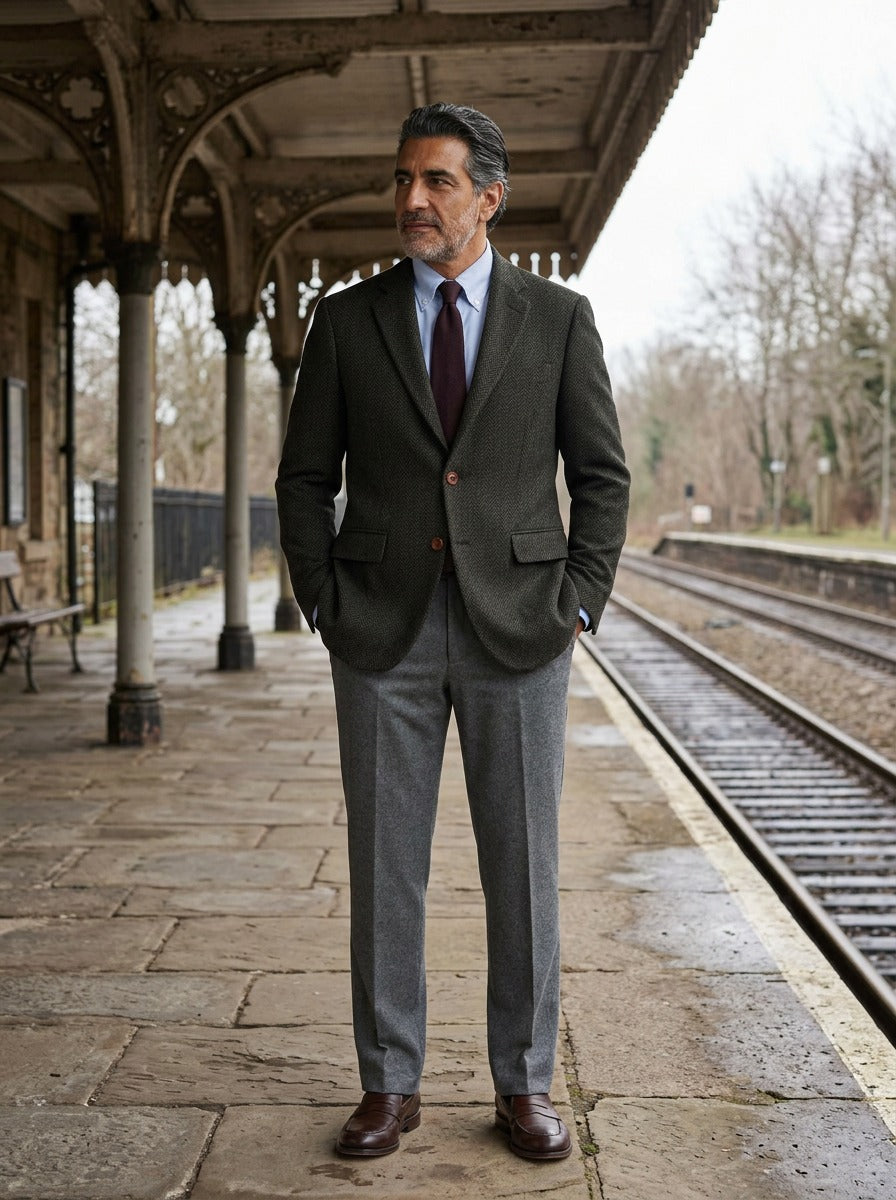Melbury herringbone tweed blazer in Black, lifestyle on a railway platform, Gentlemens Manor