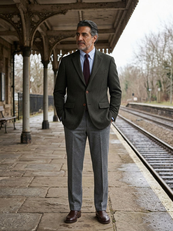 Melbury herringbone tweed blazer in Black, lifestyle on a railway platform, Gentlemens Manor