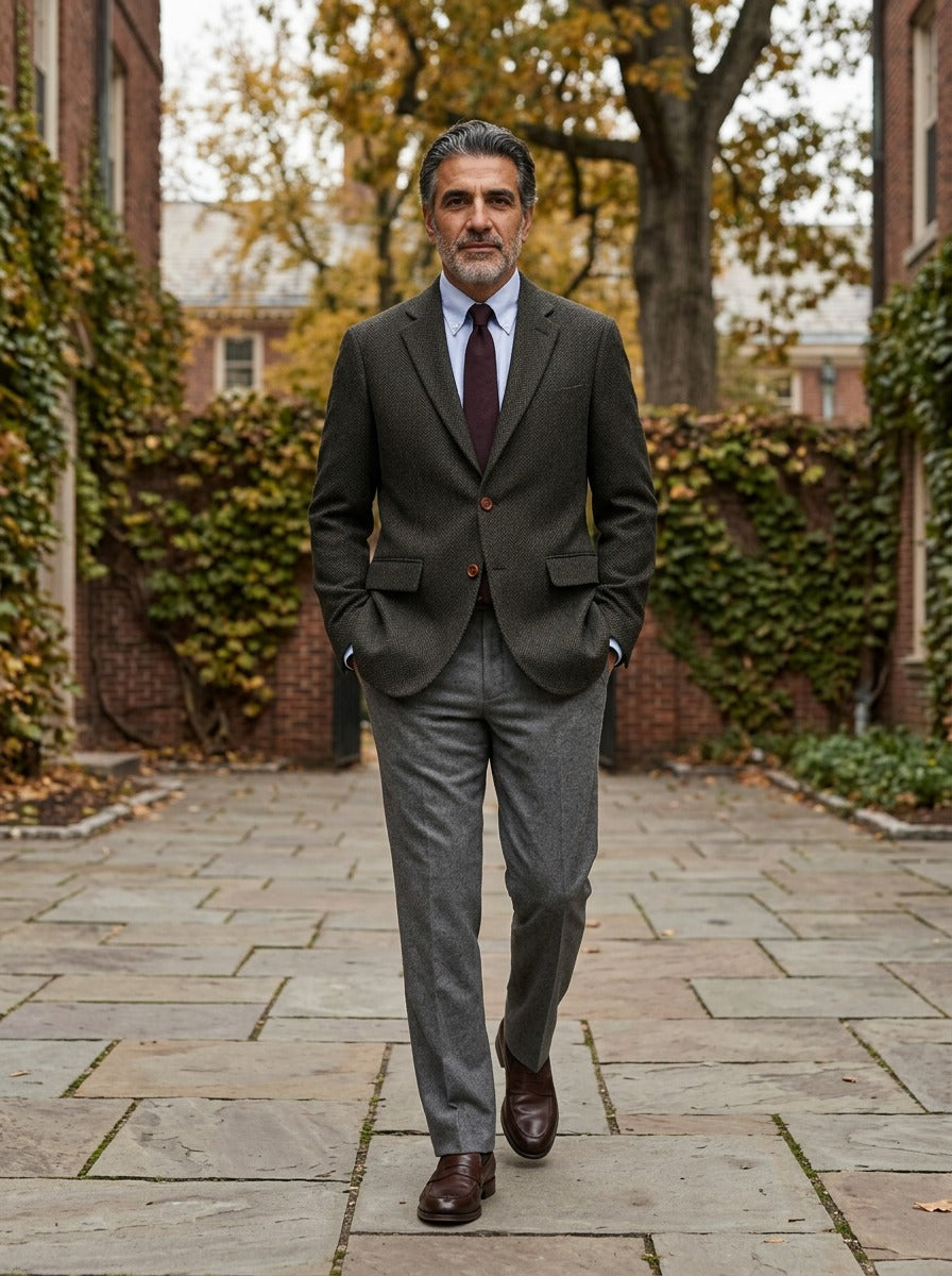 Melbury herringbone tweed blazer in Black, lifestyle in a brick college courtyard, Gentlemens Manor