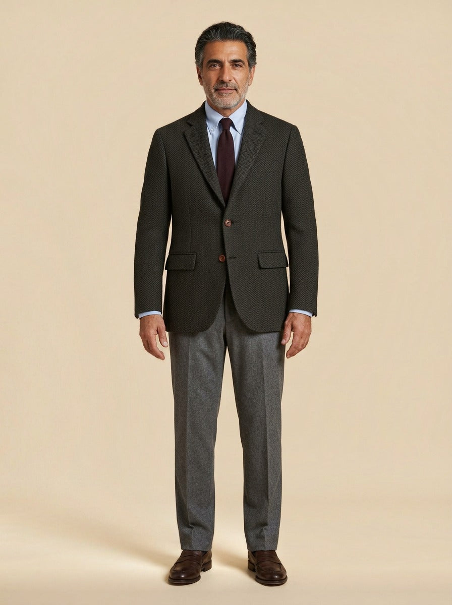 Melbury herringbone tweed blazer in Black, studio, Gentlemens Manor