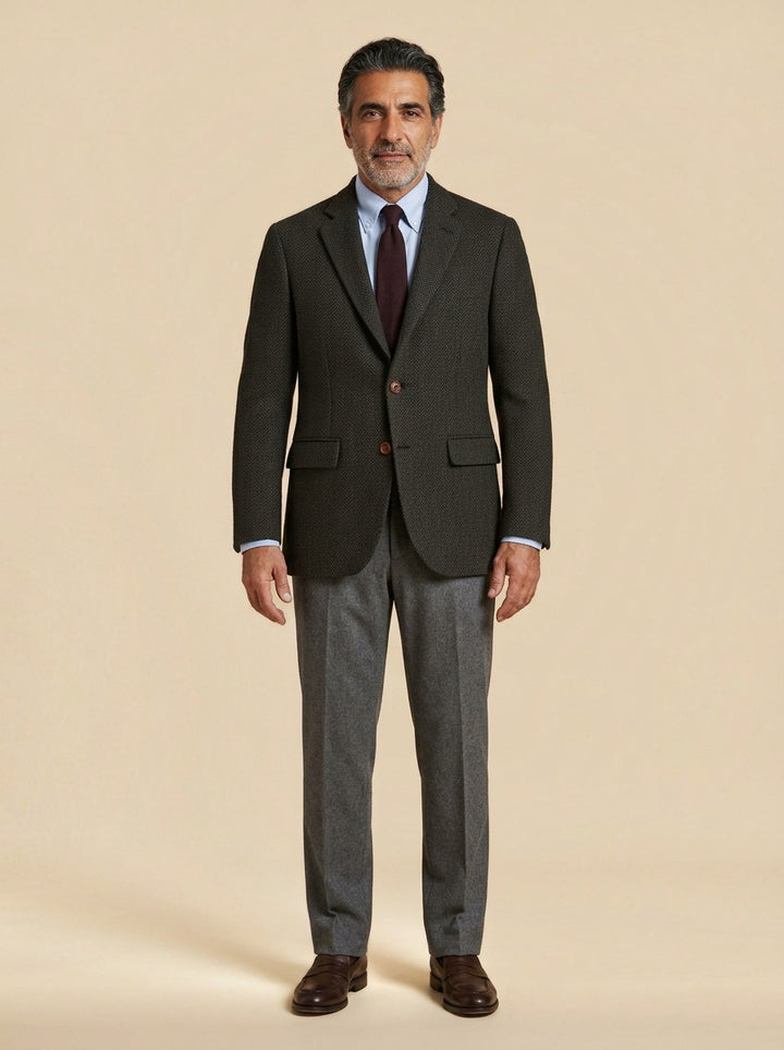 Melbury herringbone tweed blazer in Black, studio, Gentlemens Manor