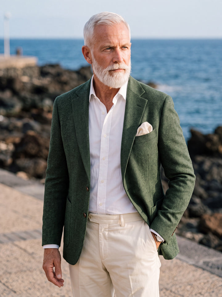 Melvin blazer in Green, worn by a model in a Mediterranean setting - Gentlemens Manor lifestyle