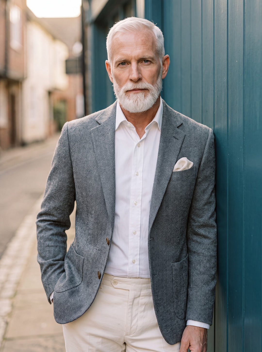 Melvin blazer in Grey, worn by a model in a Mediterranean setting - Gentlemens Manor lifestyle