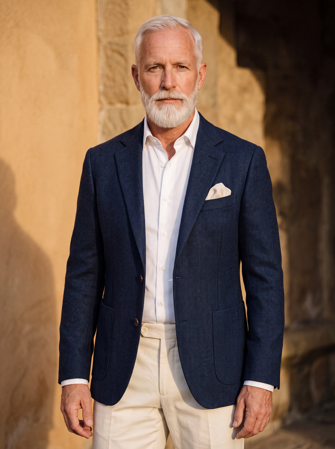 Melvin blazer in Navy, worn by a model in a Mediterranean setting - Gentlemens Manor lifestyle