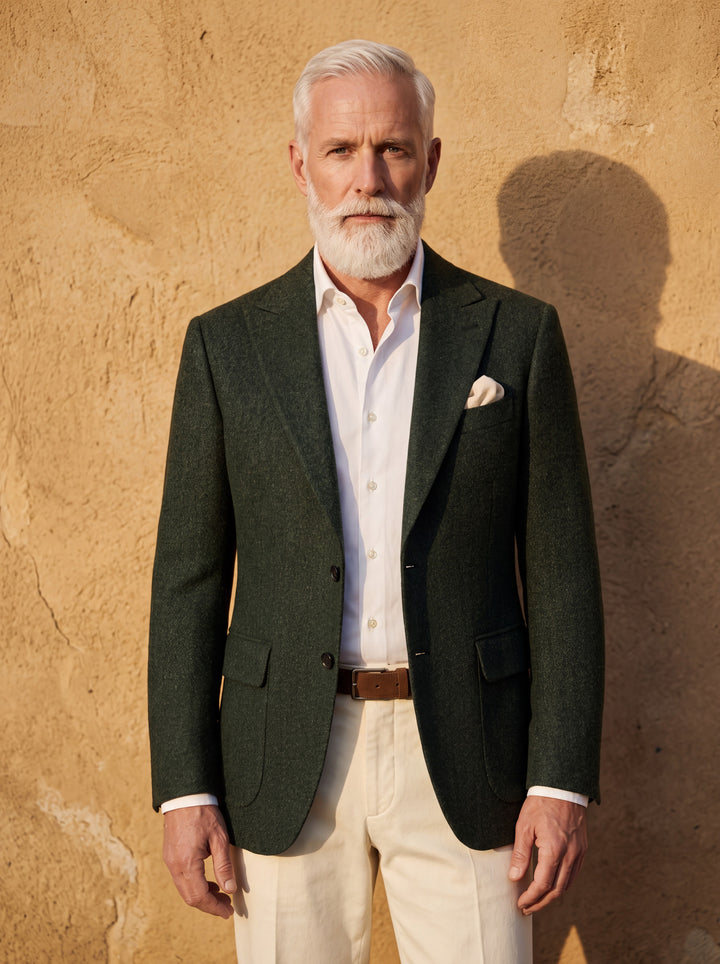 Mercer blazer in Green, worn by a model in a Mediterranean setting - Gentlemens Manor lifestyle