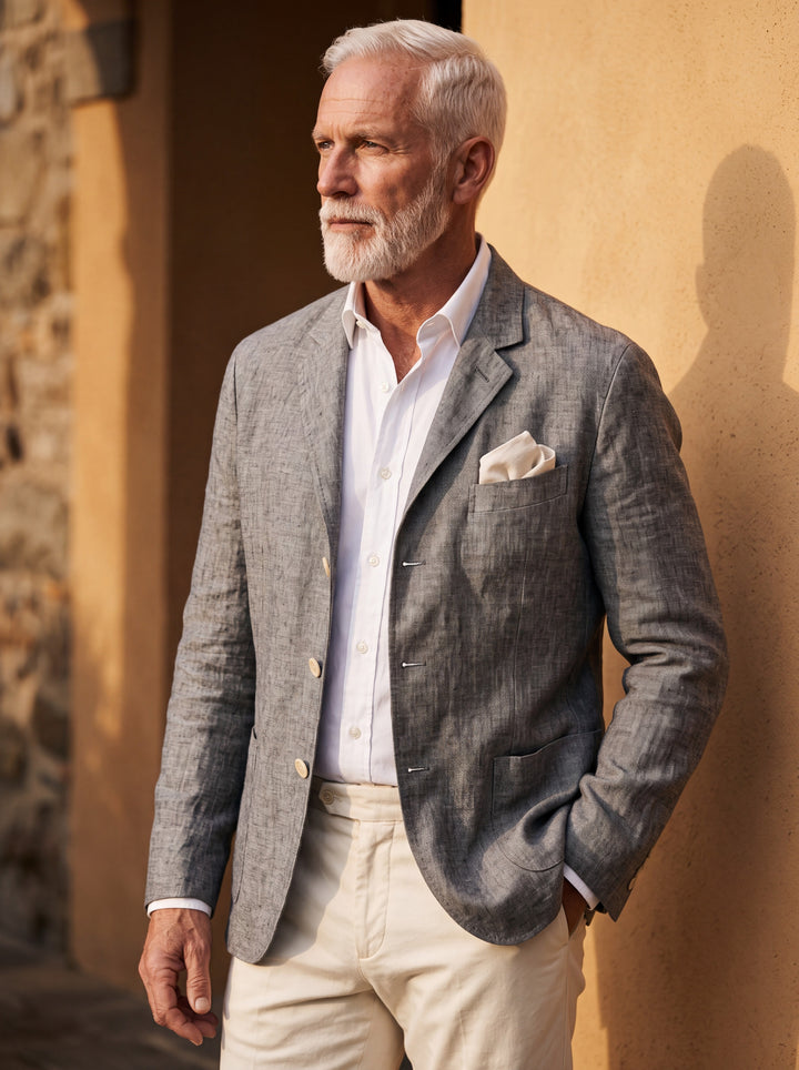 Merle blazer in Grey, worn by a model in a Mediterranean setting - Gentlemens Manor lifestyle