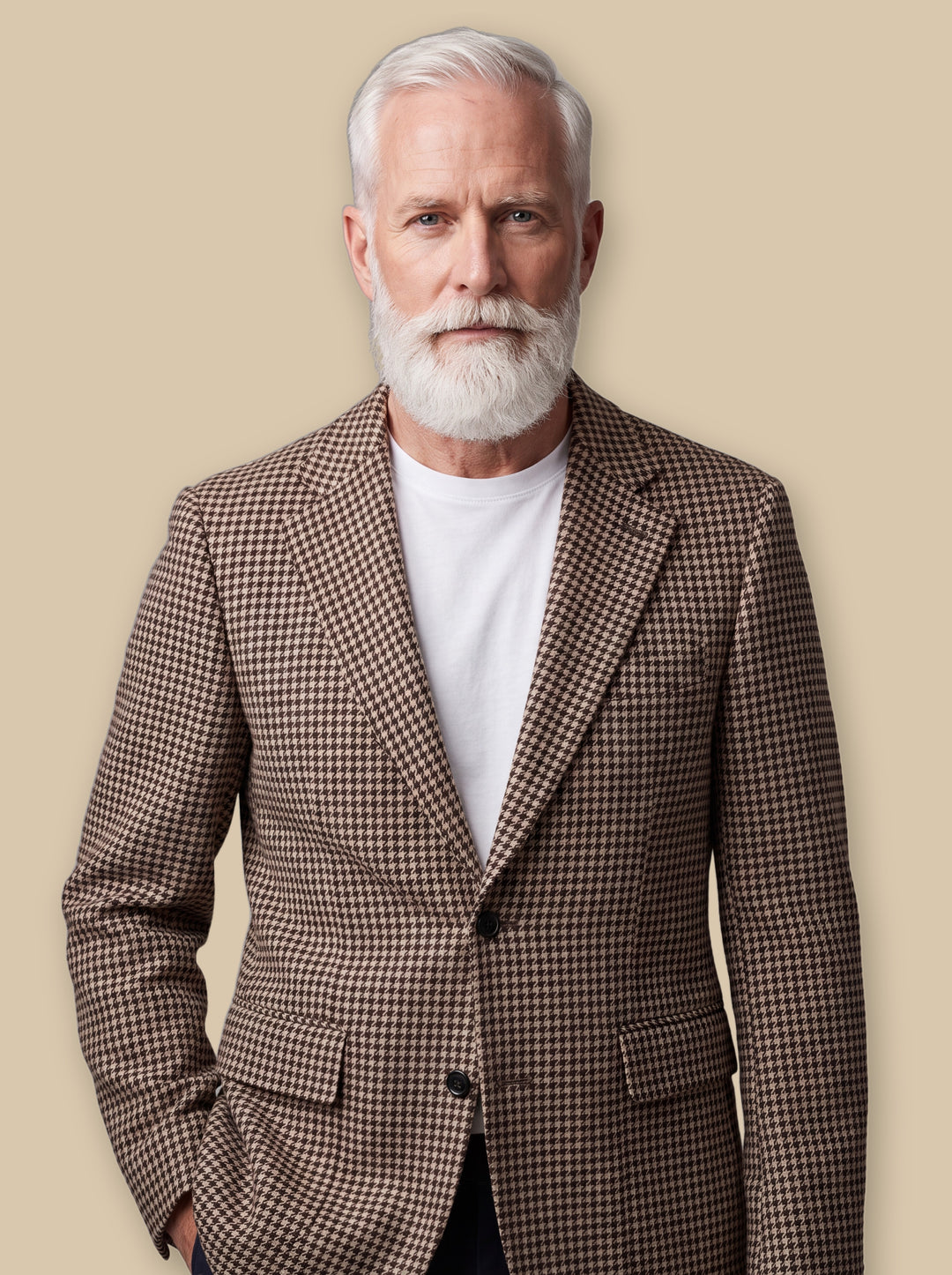 Merrick blazer suit in Brown, worn by a model on a warm sand studio background - Gentlemens Manor