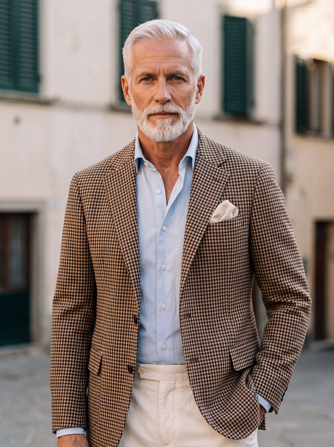 Merrick blazer in Brown, worn by a model in a Mediterranean setting - Gentlemens Manor lifestyle