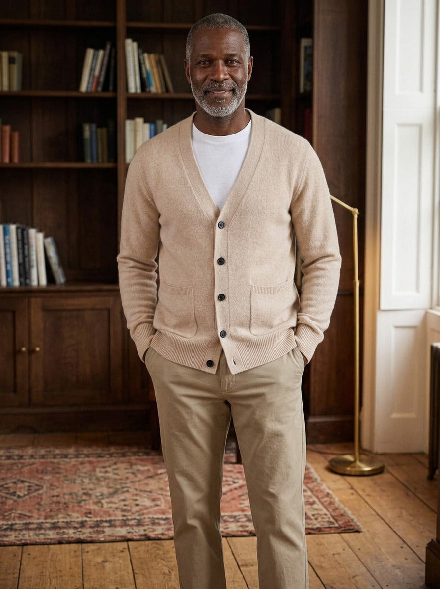 Merrill V neck cardigan in Beige, lifestyle, Gentlemens Manor