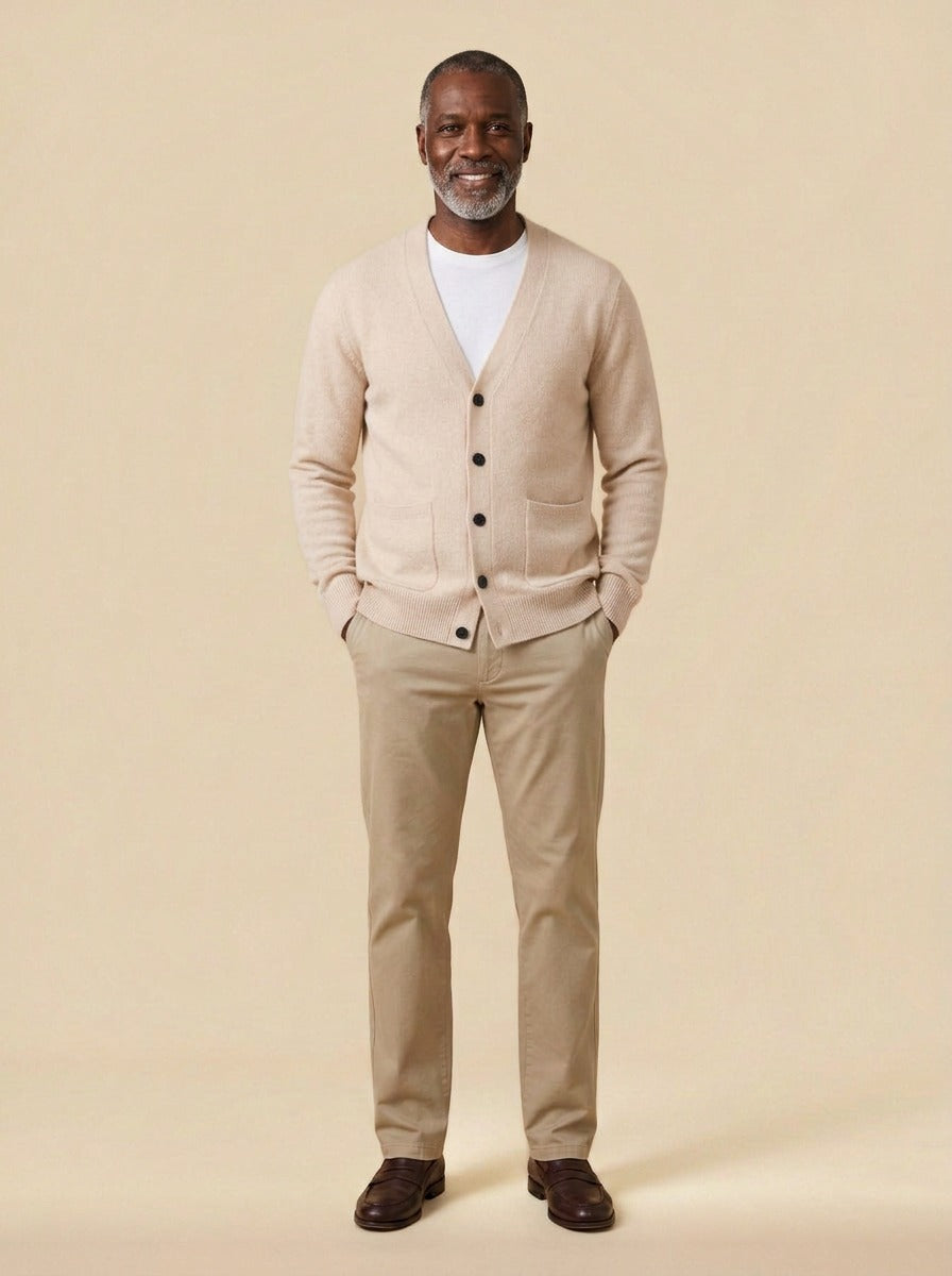 Merrill V neck cardigan in Beige, studio, Gentlemens Manor