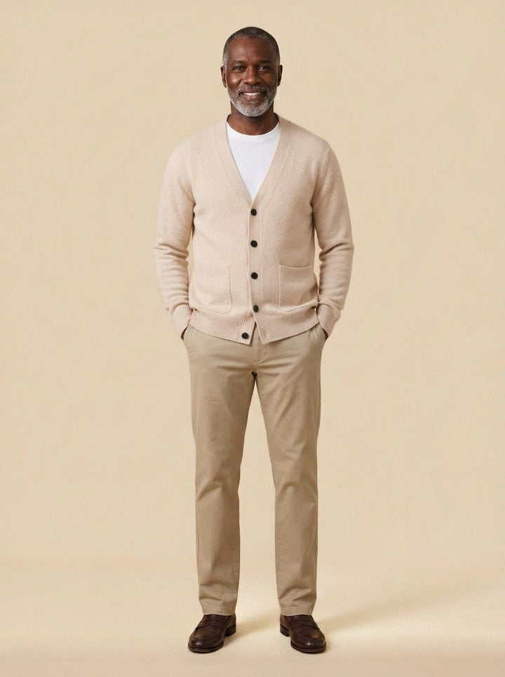 Merrill V neck cardigan in Beige, studio, Gentlemens Manor