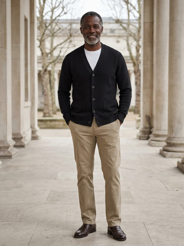 Merrill V neck cardigan in Black, lifestyle, Gentlemens Manor