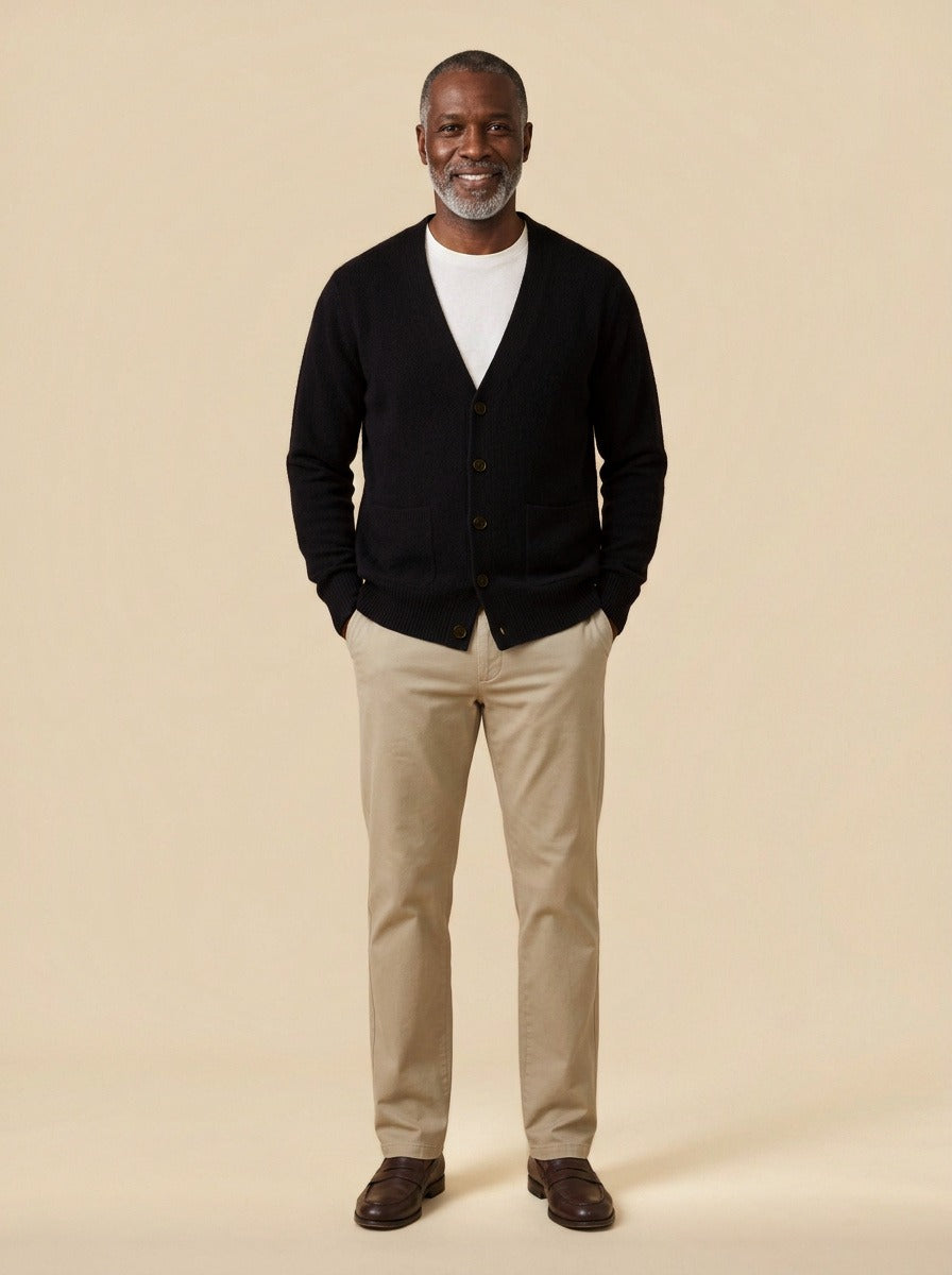 Merrill V neck cardigan in Black, studio, Gentlemens Manor