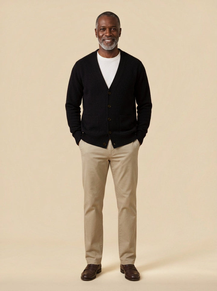 Merrill V neck cardigan in Black, studio, Gentlemens Manor