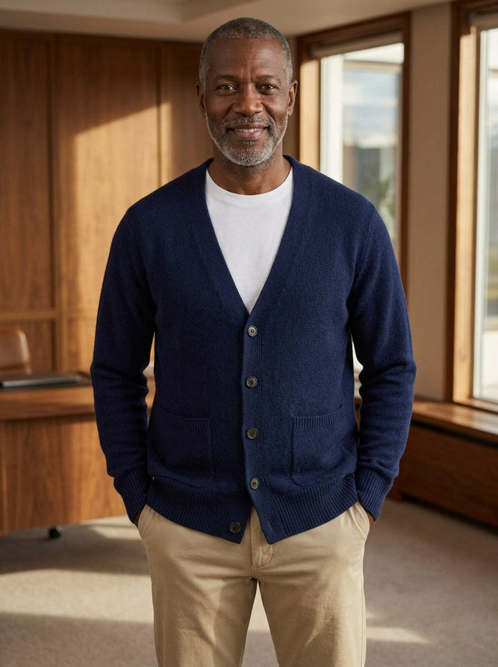 Merrill V neck cardigan in Navy, lifestyle, Gentlemens Manor