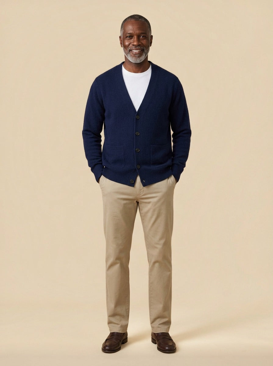 Merrill V neck cardigan in Navy, studio, Gentlemens Manor
