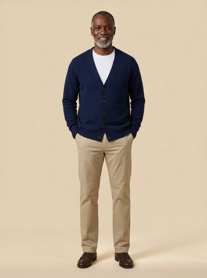 Merrill V neck cardigan in Navy, studio, Gentlemens Manor