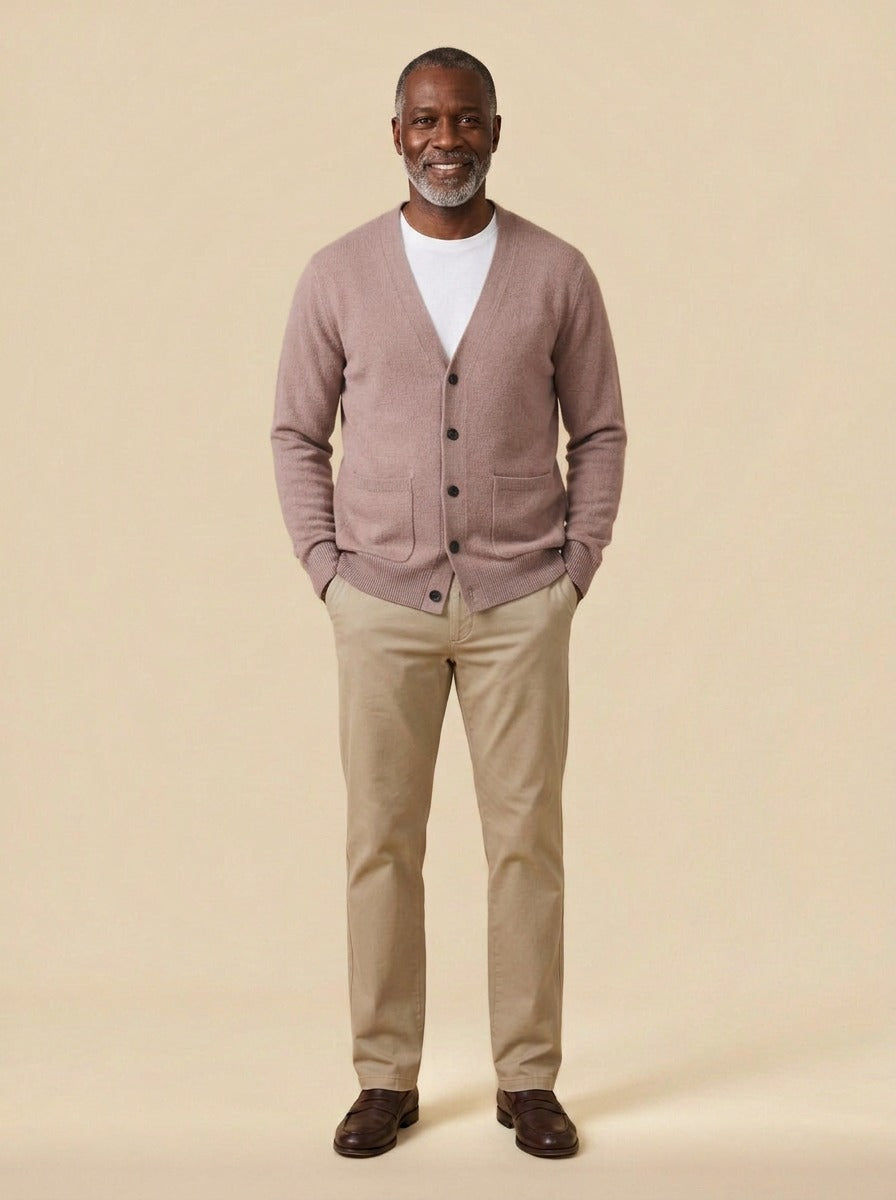 Merrill V neck cardigan in Pink, studio, Gentlemens Manor