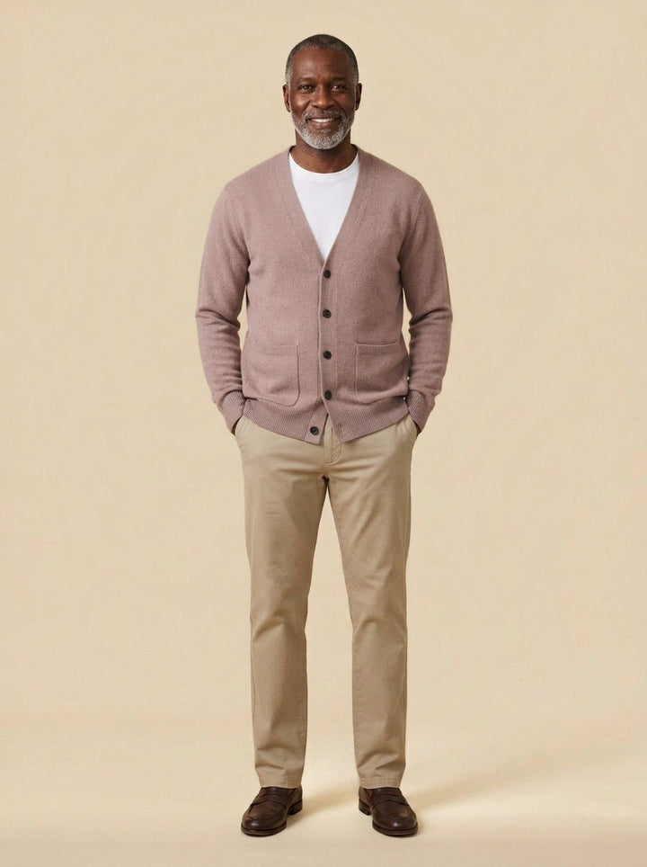 Merrill V neck cardigan in Pink, studio, Gentlemens Manor