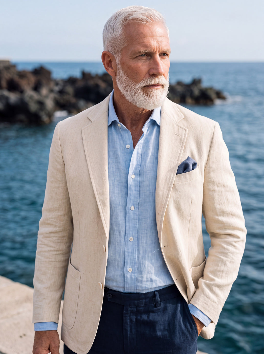 Merritt blazer in Beige, worn by a model in a Mediterranean setting - Gentlemens Manor lifestyle