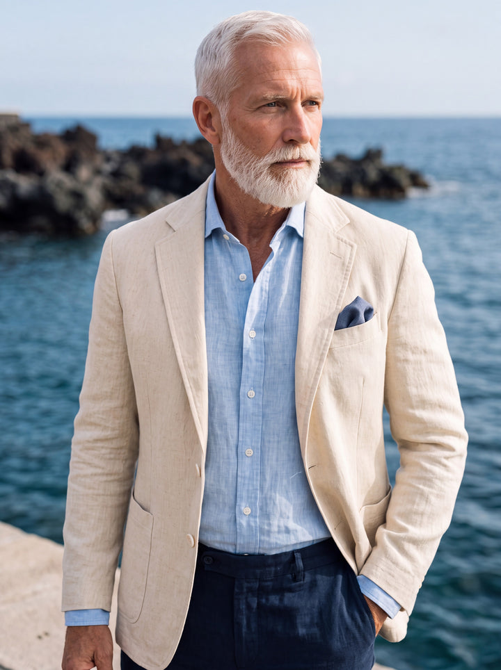 Merritt blazer in Beige, worn by a model in a Mediterranean setting - Gentlemens Manor lifestyle
