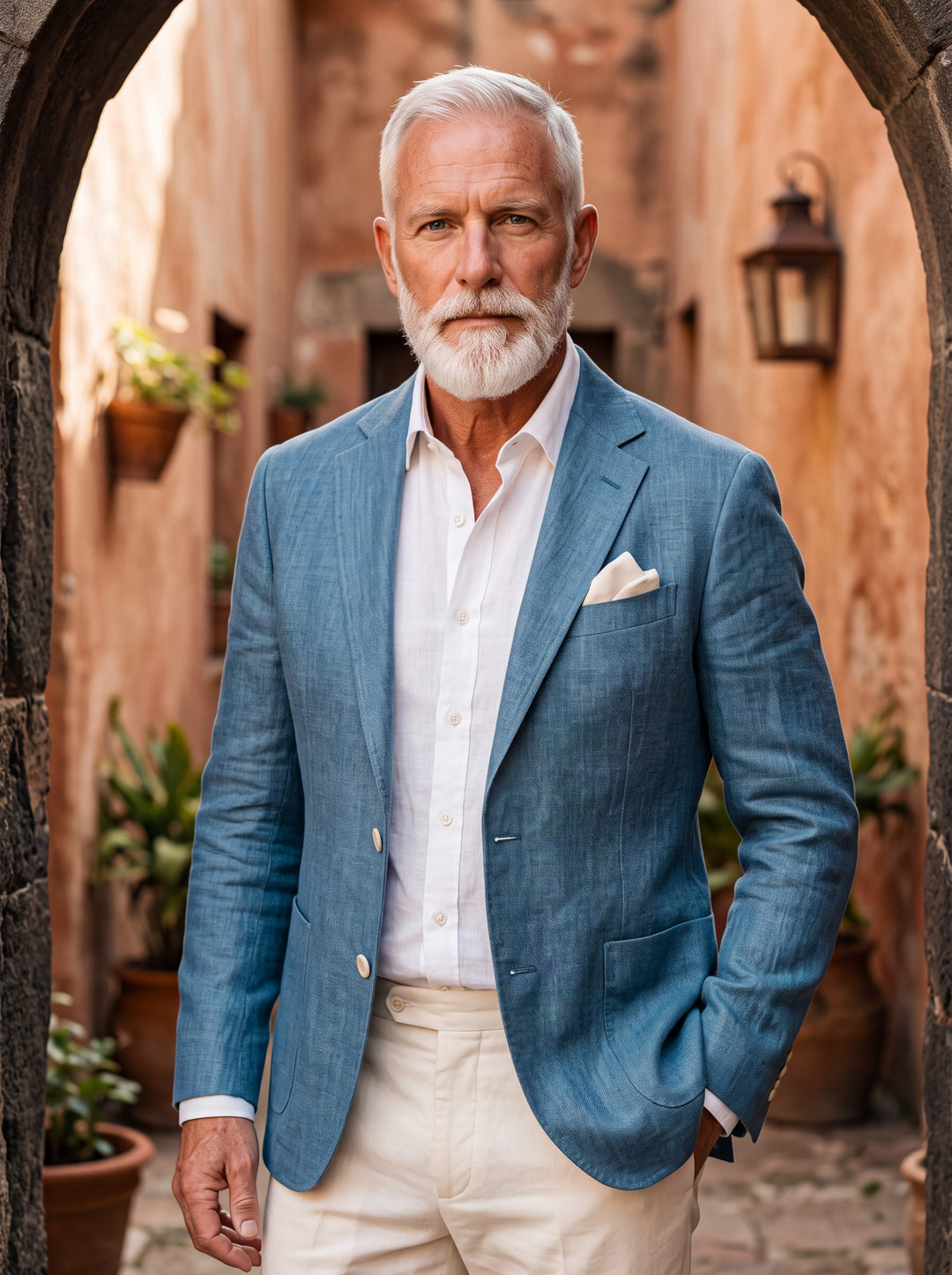 Merritt blazer in Blue, worn by a model in a Mediterranean setting - Gentlemens Manor lifestyle
