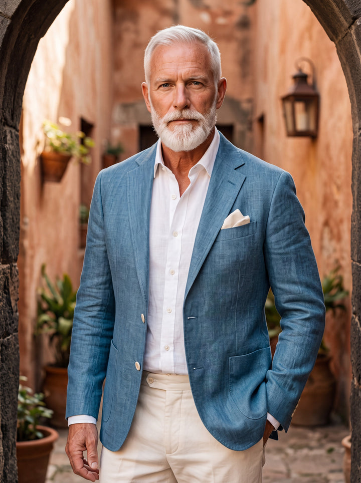 Merritt blazer in Blue, worn by a model in a Mediterranean setting - Gentlemens Manor lifestyle