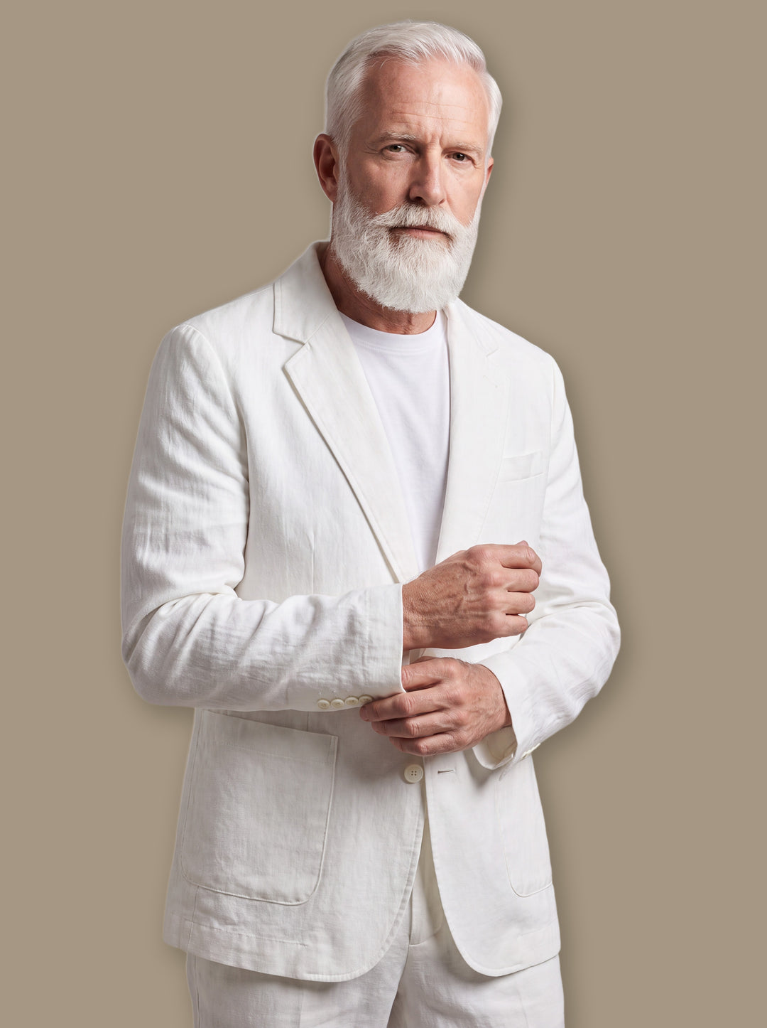 Merritt blazer suit in White, worn by a model on a warm taupe studio background - Gentlemens Manor