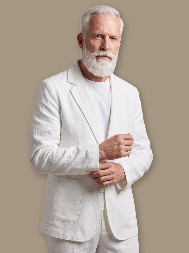 Merritt blazer suit in White, worn by a model on a warm taupe studio background - Gentlemens Manor