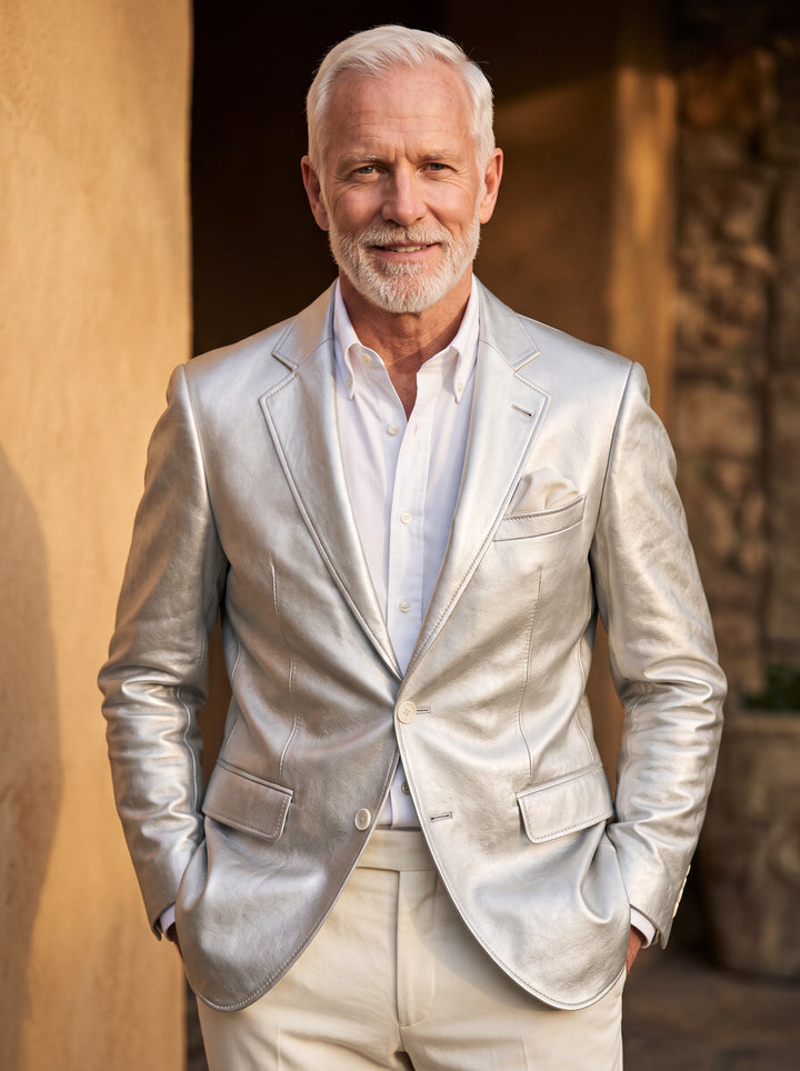 Micah blazer in Grey, worn by a model in a Mediterranean setting - Gentlemens Manor lifestyle
