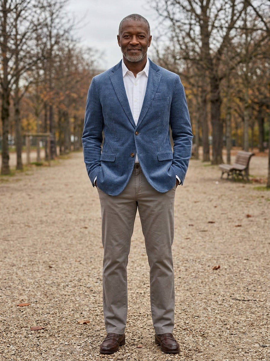 Middleton corduroy blazer in Blue, lifestyle on a park path, Gentlemens Manor