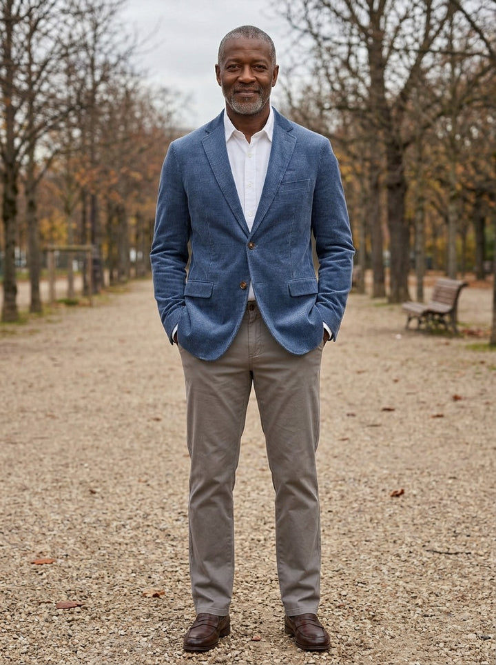 Middleton corduroy blazer in Blue, lifestyle on a park path, Gentlemens Manor