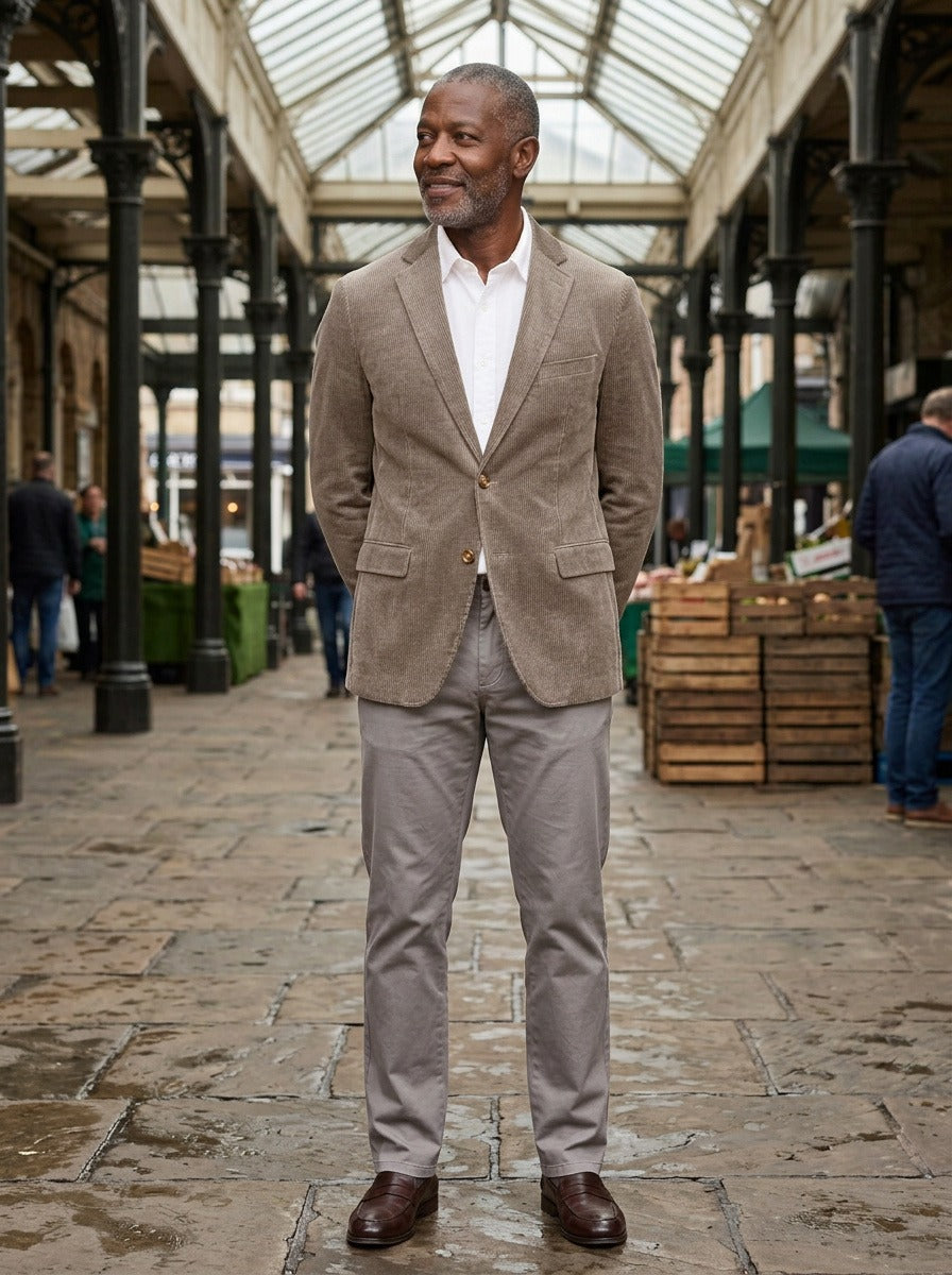 Middleton corduroy blazer in Grey, lifestyle in a covered market hall, Gentlemens Manor