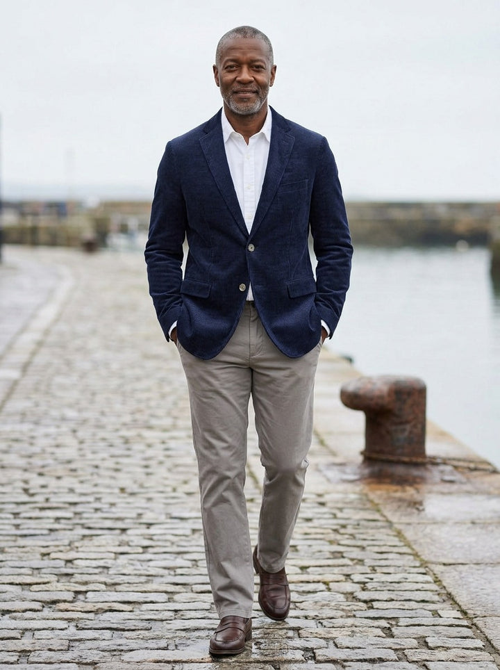 Middleton corduroy blazer in Navy, lifestyle on a stone harbor quay, Gentlemens Manor