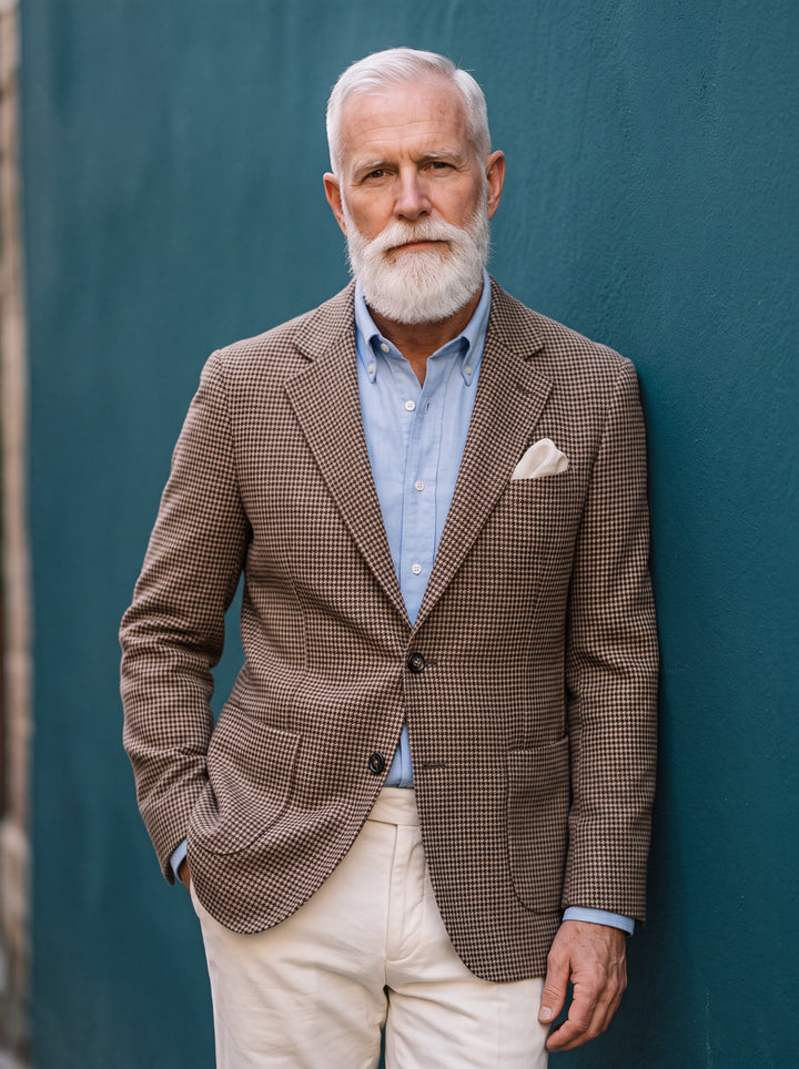 Miles blazer in Brown, worn by a model in a Mediterranean setting - Gentlemens Manor lifestyle