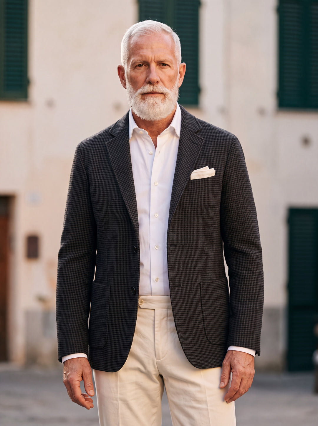 Miles blazer in Charcoal, worn by a model in a Mediterranean setting - Gentlemens Manor lifestyle