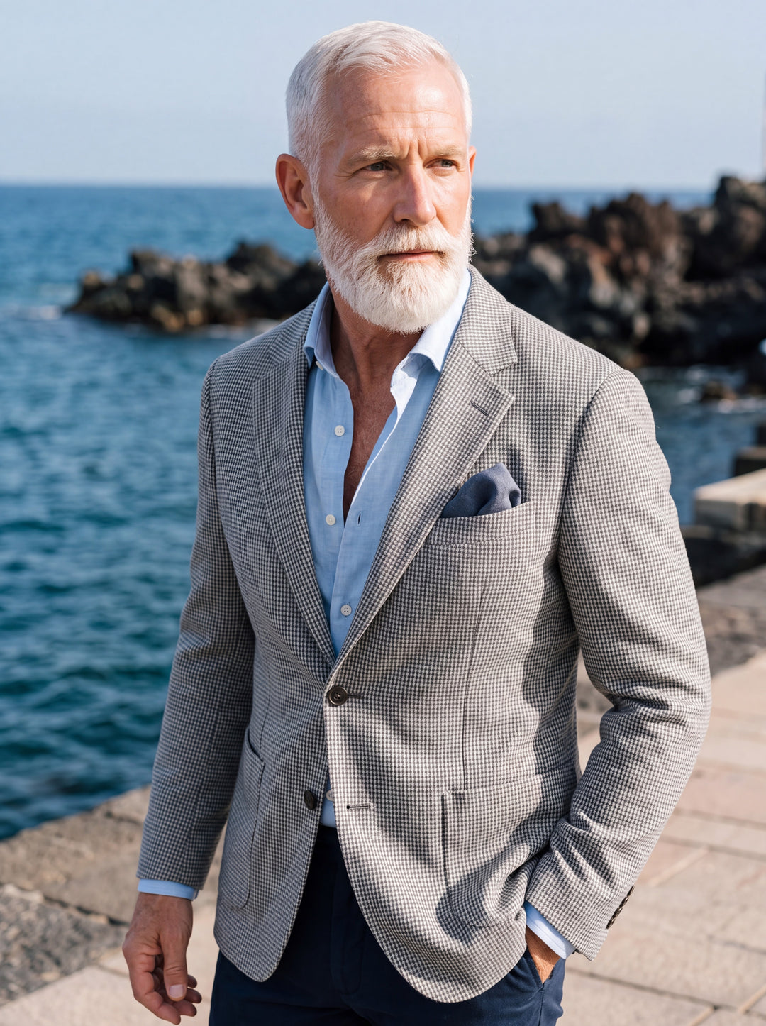 Miles blazer in Light Grey, worn by a model in a Mediterranean setting - Gentlemens Manor lifestyle