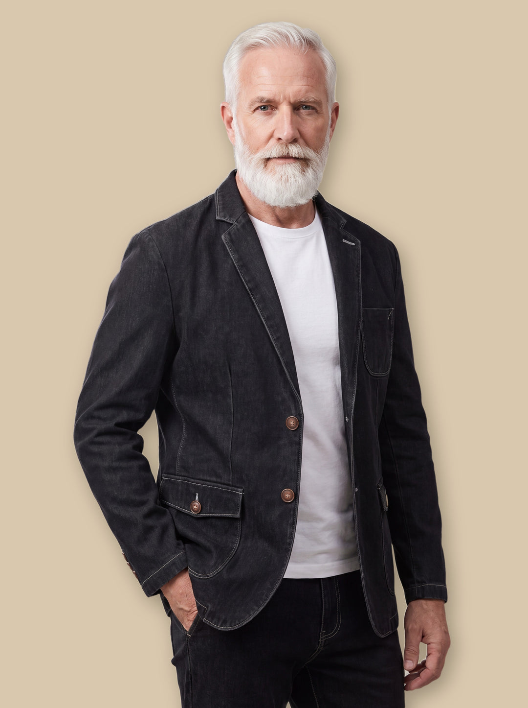 Milton blazer suit in Black, worn by a model on a warm sand studio background - Gentlemens Manor